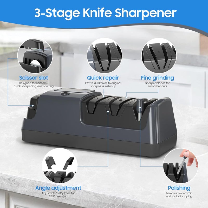 Newise 5-in-1 Electric Knife Sharpener for Kitchen Knives, with 100% Diamond Abrasives, 3 Adjustable Speeds, Quickly Sharpening for Straight/Serrated/Kitchen Knives, Scissors - Image 4